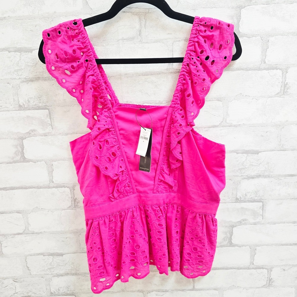 Banana Republic Pink Eyelet Ruffle Peplum Top Cotton Blouse NWT‎